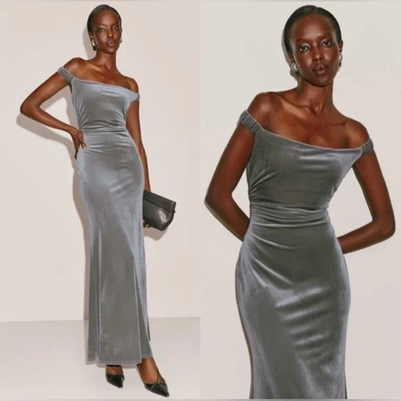 Reformation Ritz Off the Shoulder Dress Grey Velvet NWT size XL - Picture 1 of 6